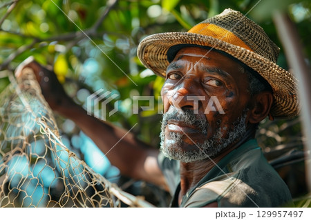 A focused fisherman working with nets under a lush canopy, expressing dedication and connection to his craft. 129957497