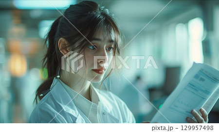 A focused healthcare professional reviews important medical documents in a modern hospital setting. 129957498