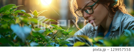 A focused woman tending to her plants in a serene garden, bathed in warm sunlight, showcasing her passion for gardening. 129957558