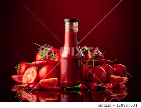 Bottle of ketchup or tomato sauce with fresh tomatoes. 129957631