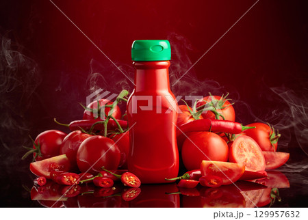 Plastic bottle of ketchup with fresh tomatoes and red peppers. 129957632