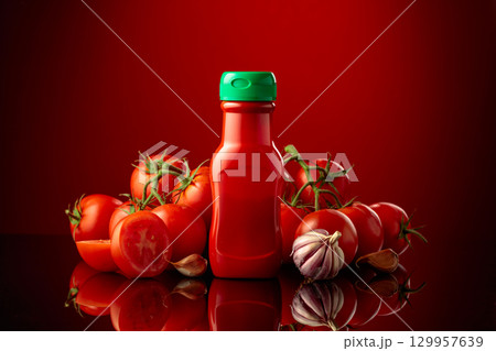 Bottle of ketchup or tomato sauce with fresh tomatoes and garlic. Bottle of ketchup or tomato sauce with fresh tomatoes and garlic. 129957639