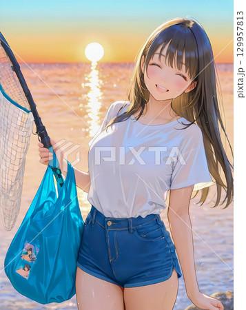 一匹も魚が釣れなかったけど 満足そうな女の子 一匹も魚が釣れなかったけど 満足そうな女の子 129957813