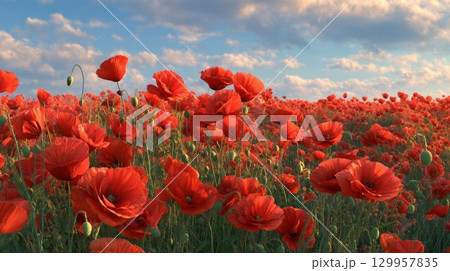 Vibrant poppy field under bright sky. Neural network AI generated 129957835