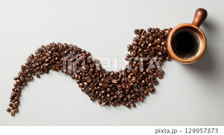 Coffee cup and beans create elegant swirl on white. Neural network AI generated 129957873