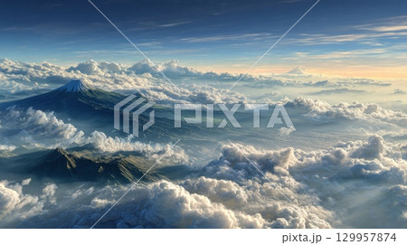 Majestic mountain peaks above clouds at sunrise. Neural network AI generated 129957874