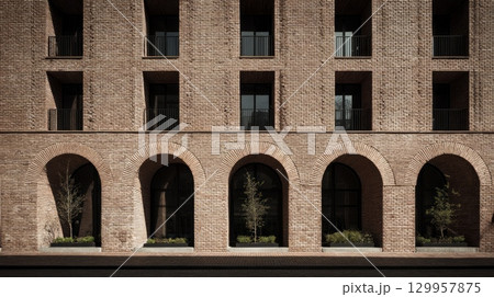 Symmetrical brick arches against soft light. Neural network AI generated 129957875