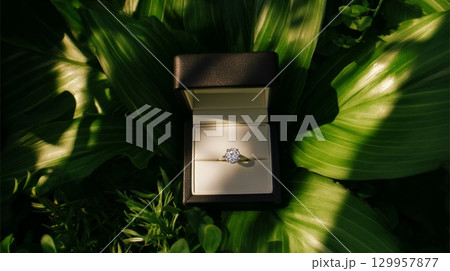 Diamond ring in box amidst green foliage. Neural network AI generated 129957877