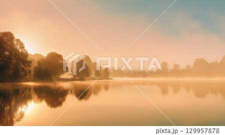 Serene sunrise on calm river. Neural network AI generated 129957878