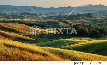 Lush rolling hills under golden sunlight in serene valley. Neural network AI generated 129957880