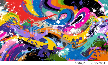 Vivid urban graffiti explosion of colors. Neural network AI generated 129957881