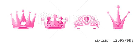 Pink princess crowns in pixel art style for retro game design Pink princess crowns in pixel art style for retro game design 129957993