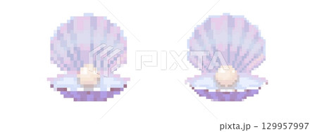 Pixel art seashells with pearls for retro game design 129957997