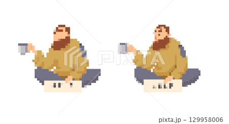 Pixel art beggar man with mug and sign 129958006