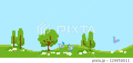 Pixel art landscape with trees and butterflies in spring 129958011