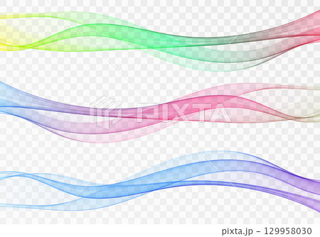 Vector illustration of three abstract waves in green, pink and blue gradients on transparent background. 129958030