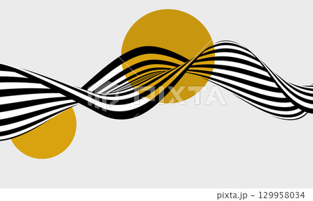 Abstract black and white wavy lines with yellow circles 129958034