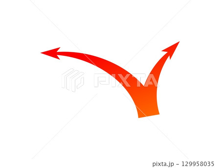 Dynamic red orange arrow showing split path for attack and strategic movement on white background Dynamic red orange arrow showing split path for attack and strategic movement on white background 129958035