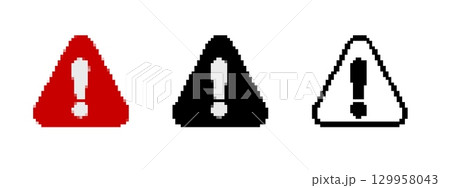 Pixel exclamation warning signs in red, black, and white Pixel exclamation warning signs in red, black, and white 129958043