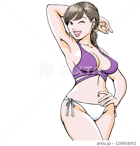 セクシーなポーズを決める水着姿の若い女性_上半身_2 129958052