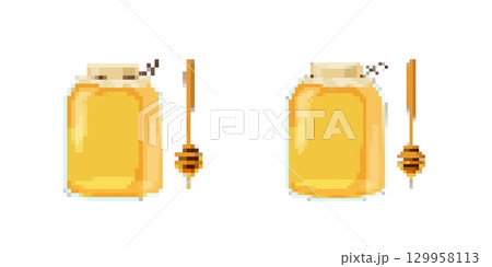 Pixelated honey jars and dippers for retro 8 bit game design Pixelated honey jars and dippers for retro 8 bit game design 129958113