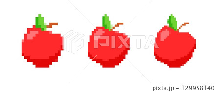 Mosaic pixel apple trio: retro 8 bit red fruit art with green leaves and brown stems Mosaic pixel apple trio: retro 8 bit red fruit art with green leaves and brown stems 129958140