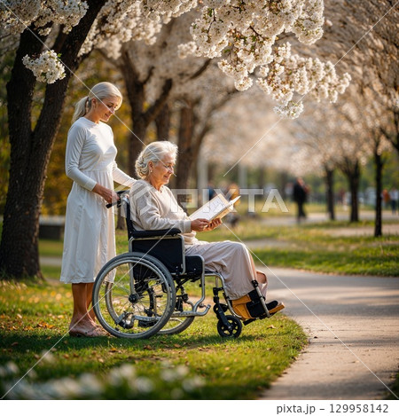 senior woman in wheelchair with young woman senior woman in wheelchair with young woman 129958142