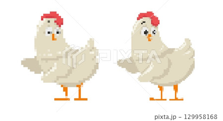 Pixel art chickens in retro 8-bit style illustration 129958168