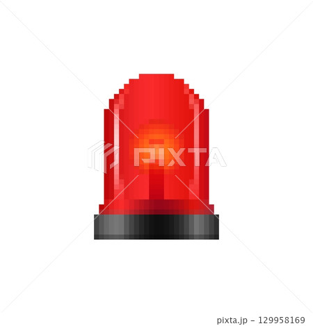 Mosaic pixel icon of red alert light with bright yellow center signal and black base 129958169