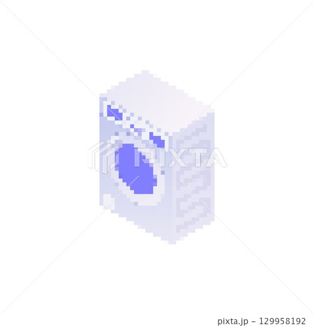 Mosaic washing machine icon in pixel art style represents laundry appliance design 129958192