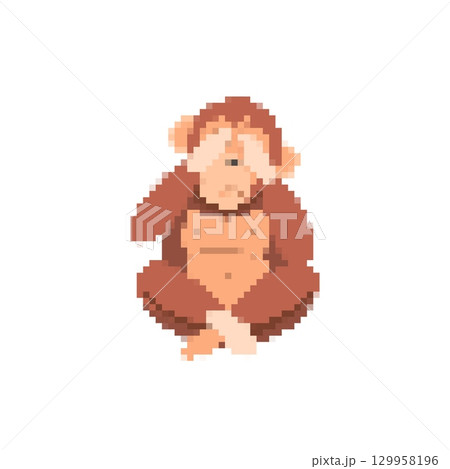 Mosaic pixel art monkey with hands covering eyes expressing playful emotion 129958196