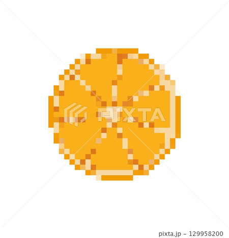 Mosaic pixel art orange slice in nostalgic retro 8 bit style with vibrant colors and simple design 129958200