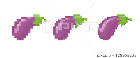 Mosaic pixel eggplant icon with retro 8 bit style for games and creative design 129958235