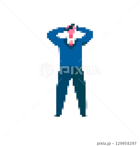 Mosaic pixel art person with stressed emotion and hands on head in blue clothes Mosaic pixel art person with stressed emotion and hands on head in blue clothes 129958297