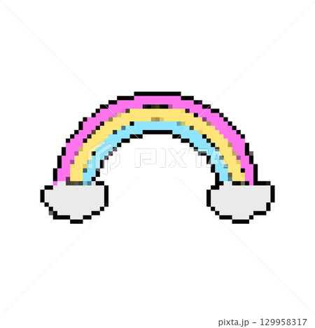 Mosaic rainbow icon in pixelated style with colorful arched stripes and cloud ends 129958317