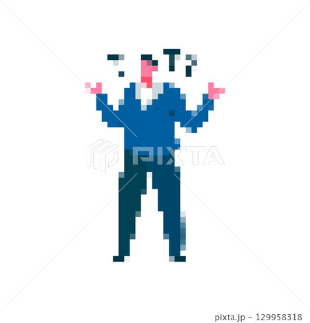Mosaic pixel art of confused person with question marks in retro comic style 129958318