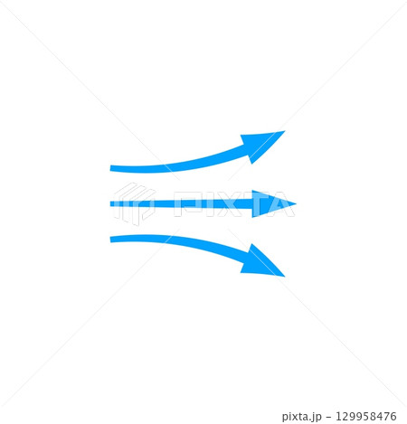 Arrow motion displaying flow and direction in dynamic blue curved and straight pattern 129958476