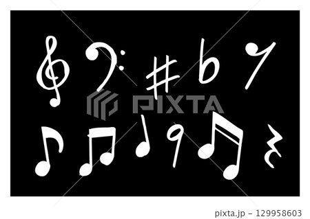 背景が黒の、白い音符やト音記号、ヘ音記号など音楽記号を集めたシンプルな手描き風イラスト素材、楽譜やデ 背景が黒の、白い音符やト音記号、ヘ音記号など音楽記号を集めたシンプルな手描き風イラスト素材、楽譜やデ 129958603