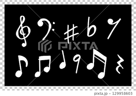 背景が黒の、白い音符やト音記号、ヘ音記号など音楽記号を集めたシンプルな手描き風イラスト素材、楽譜やデ 背景が黒の、白い音符やト音記号、ヘ音記号など音楽記号を集めたシンプルな手描き風イラスト素材、楽譜やデ 129958603
