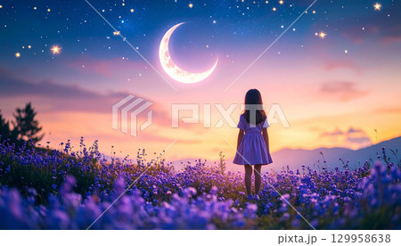 夕暮れの花畑と三日月を見上げる少女の後ろ姿 129958638