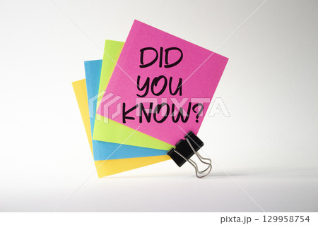 Did you know symbol. Pink sticky note with words Did you know. Beautiful white background. Business and Did you know concept. Copy space. 129958754