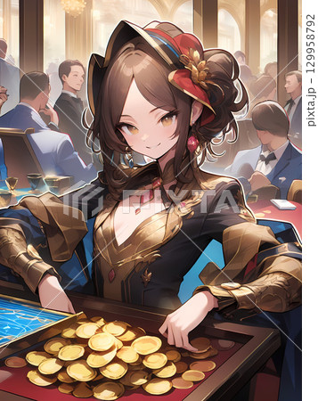 近未来の賭場、かなり勝っている様子の女性 近未来の賭場、かなり勝っている様子の女性 129958792