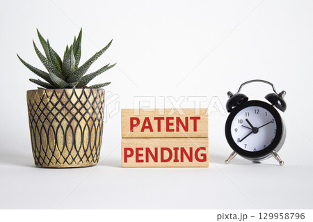 Patent Pending symbol. Wooden blocks with words Patent Pending. Beautiful white background with alarm clock and succulent plant. Business and Patent Pending concept. Copy space. 129958796
