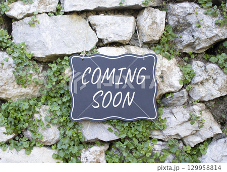 Coming Soon symbol. Stone wall with words Coming Soon. Beautiful stone background with plants. Business and Coming Soon concept. Copy space. 129958814