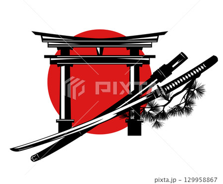 japanese samurai katana sword with scabbard and pine tree branch against red sun circle and torii gate vector design 129958867
