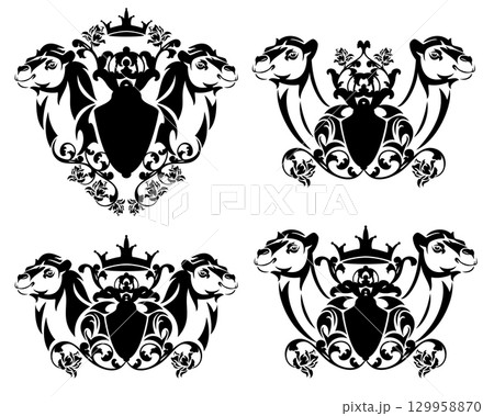 two camel heads by heraldic shield with roses and crown black and white vector design set 129958870