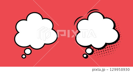 Empty comic speech bubbles shaped like clouds on a coral background. Empty comic speech bubbles shaped like clouds on a coral background. 129958930