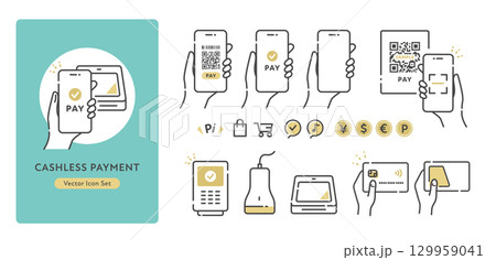 キャッシュレス決済のベクターアイコンセット (電子マネー、タッチ決済、QRコード) 129959041