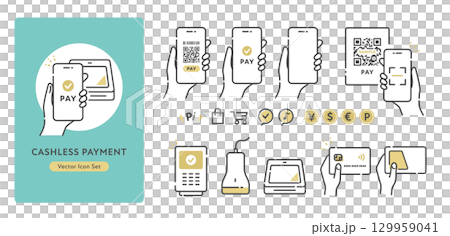 キャッシュレス決済のベクターアイコンセット (電子マネー、タッチ決済、QRコード) 129959041