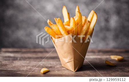 Golden French fries are presented in a paper cone placed on a vintage wooden table, highlighting their crispy texture and classic appeal. AI Generated 129959112